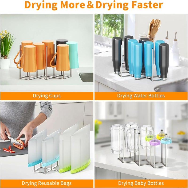 PLUVON Foldable Baby Bottle Drying Rack-10 Poles Water Bottle Organizer for Cups,Travel Mugs,Silicone Bags- Collapsible Stainless Steel Bottle Rack Dryer (Silver) - Image 5